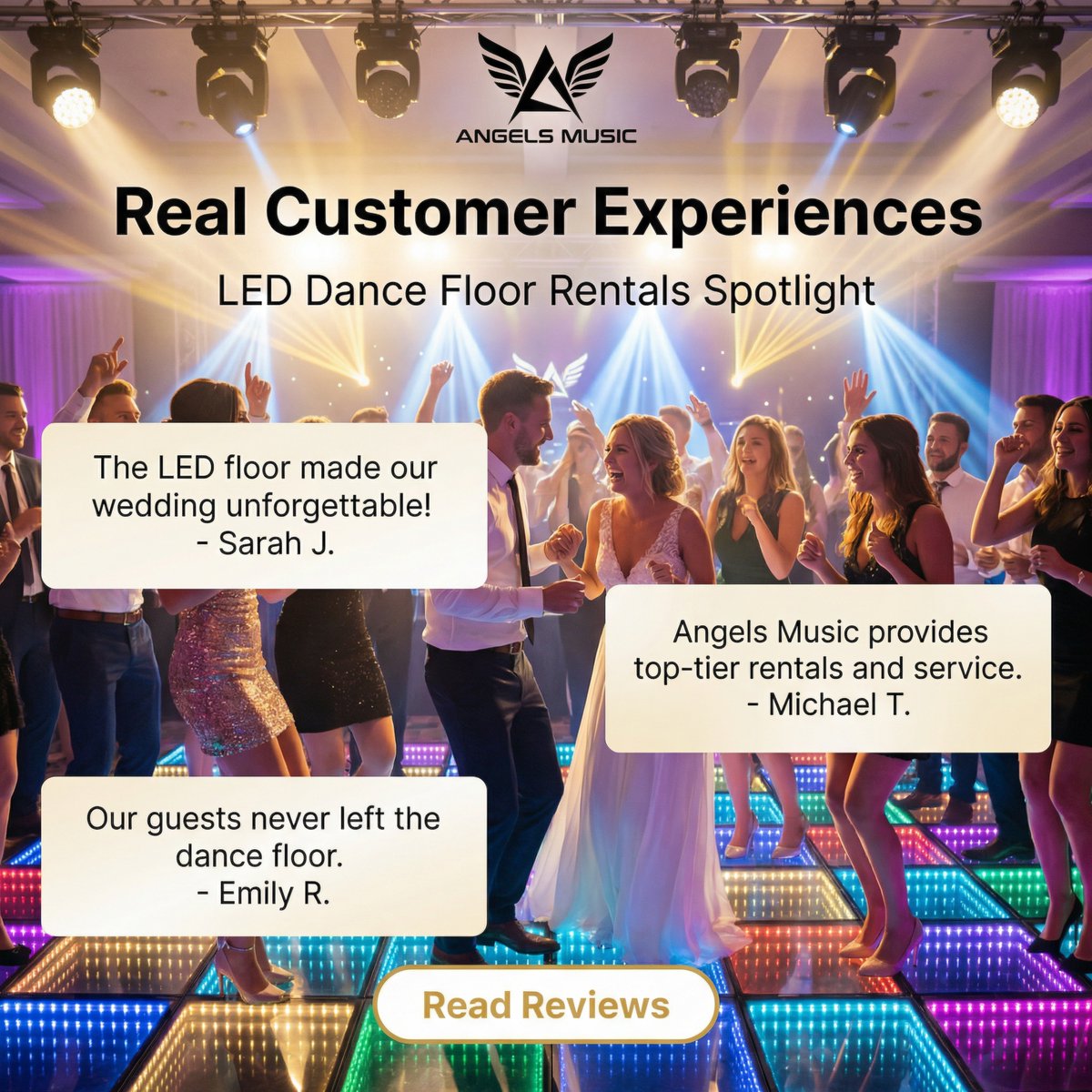 Our LED dance floors create unforgettable experiences! 💃🕺 Check out these glowing customer testimonials: The highlight of our event! Everyone loved dancing on the lights! 🌟 Your next party deserves the magic!

#AngelsMusicProductions #audiovisual #EventEntertainment
