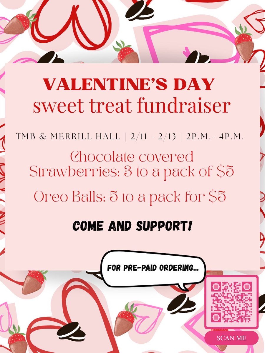 amaatjsu's tweet photo. 🍓❤️🍫 JSU AMA is hosting a Valentine’s Day Sweet Treat Fundraiser at TMB &amp; Merrill Hall from 2:00–4:00 PM on February 11–13! Stop by to grab some delicious chocolate covered strawberries (3 for $5) and Oreo balls (5 for $5) while supporting JSU AMA 🎉💘. https://t.co/nk38up2Ilg
