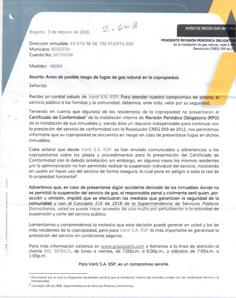 Estoy previniendo a mis contactos porque si en su edificio o conjunto distribuyen en los apartamentos este comunicado de VANTI en términos alarmantes sobre las conexiones de gas, no lo admitan y menos el ingreso de operarios porque todo es falso y se trata de banda de