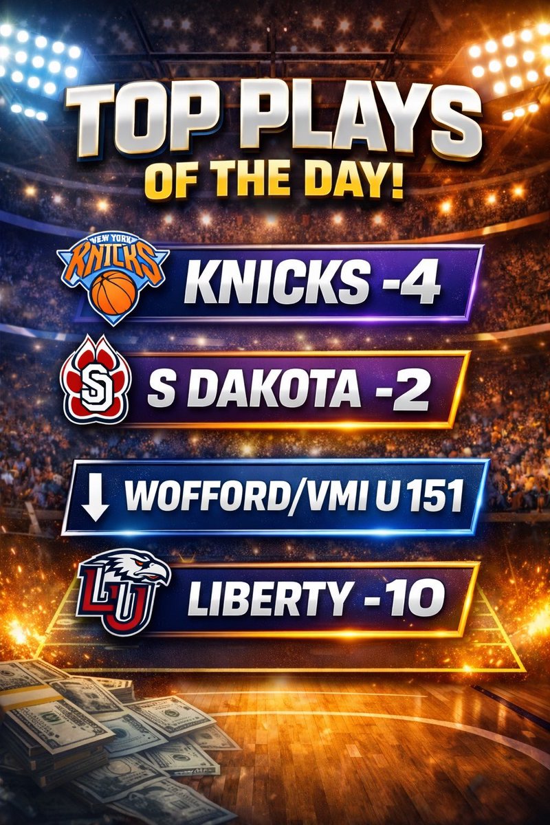 VegasMostWantd's tweet photo. Card is set 📈🔥
Riding with:
Knicks -4
S Dakota -2
Wofford/VMI U151
Liberty -10
#SportsBetting #SportsPicks #BettingTwitter #GamblingTwitter #CollegeBasketball #NBA #BettingTips #DailyPicks #SharpMoney #CBB #NBABets #ActionNetwork #SportsAnalytics https://t.co/8zbyAA4CpL