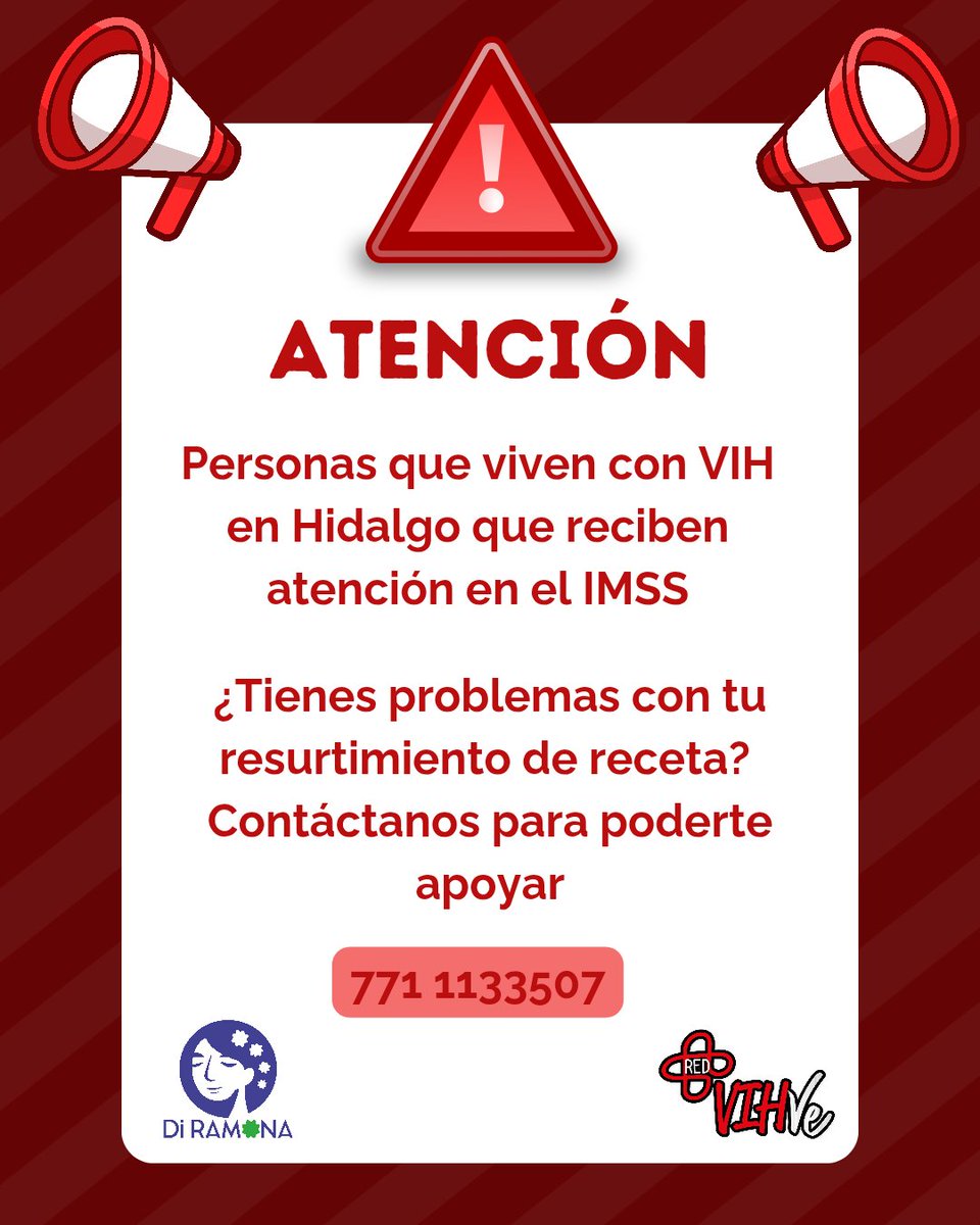 ⚠️ Persona que viven con #VIH en #Hidalgo que reciben atención en el #IMSS ⚠️

Una receta no surtida es #Desabasto 

Escríbenos por Whatsapp o Inbox