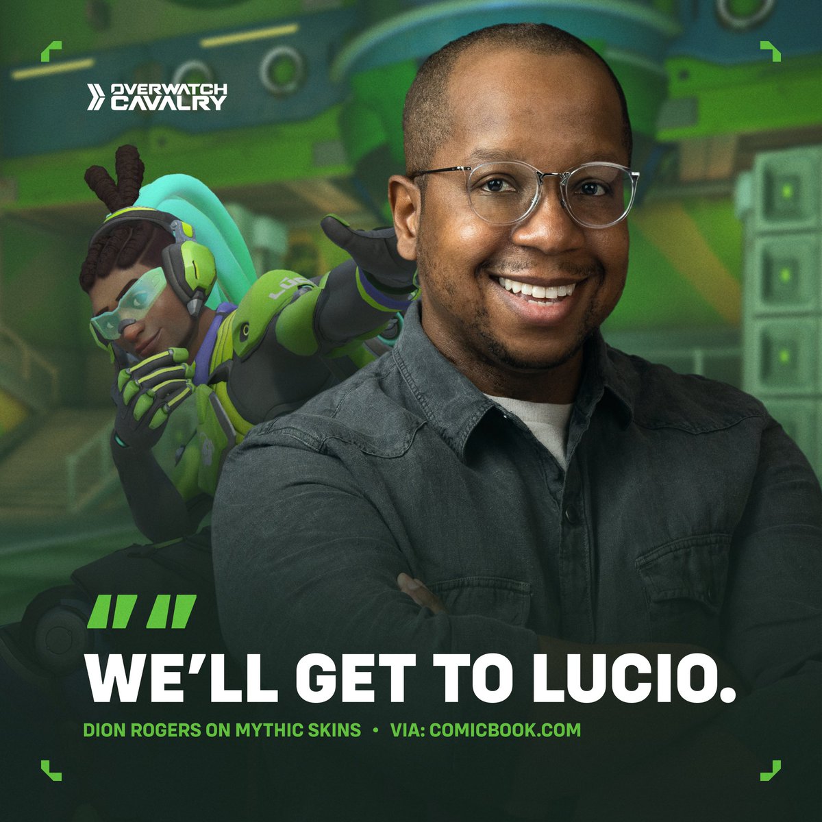 OWCavalry's tweet image. Dion Rogers on a Lucio Mythic in #Overwatch 🐸

With Lucio not listed among the seven heroes receiving a Mythic cosmetic, Rogers did reaffirm that he's on their radar and that the team is aware of what players are asking for.