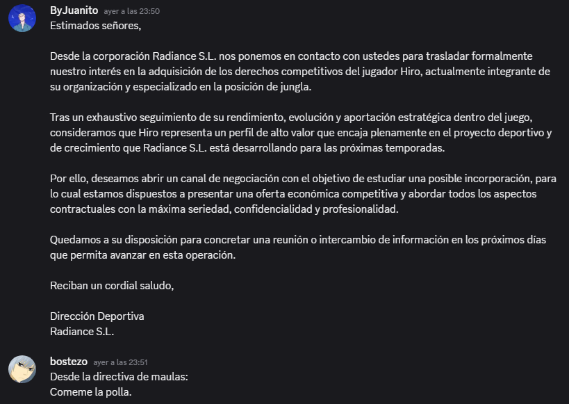 No hay 1 sin 2 🥰

Mañana partidazo a las 20:45 (horario de judío) en el que podréis ver al jungla que está stompeando las scrims de primera división y <a href="/RCE_LoL/">Radiance</a> quiere robar (no) jugar bien rico en la grieta🔥

#VAMOSLOSMAULAS
#LADRANLUEGOCABALGAMOS