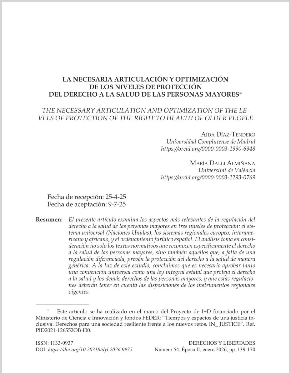DeryLib's tweet image. 📘 #RevistaDerechosyLibertades Nº 54 (2026) @idhbc_uc3m @uc3m @dykinsonlibros

📣 Hoy en la sección #Artículos ✍🏼 “La optimización del derecho a la salud de las personas mayores” de @AidaDiazTendero y #MaríaDalliAlmiñana

⬇️ ¡Léelo aquí! ⬇️ #OpenAccess
🔗 doi.org/10.20318/dyl.2…