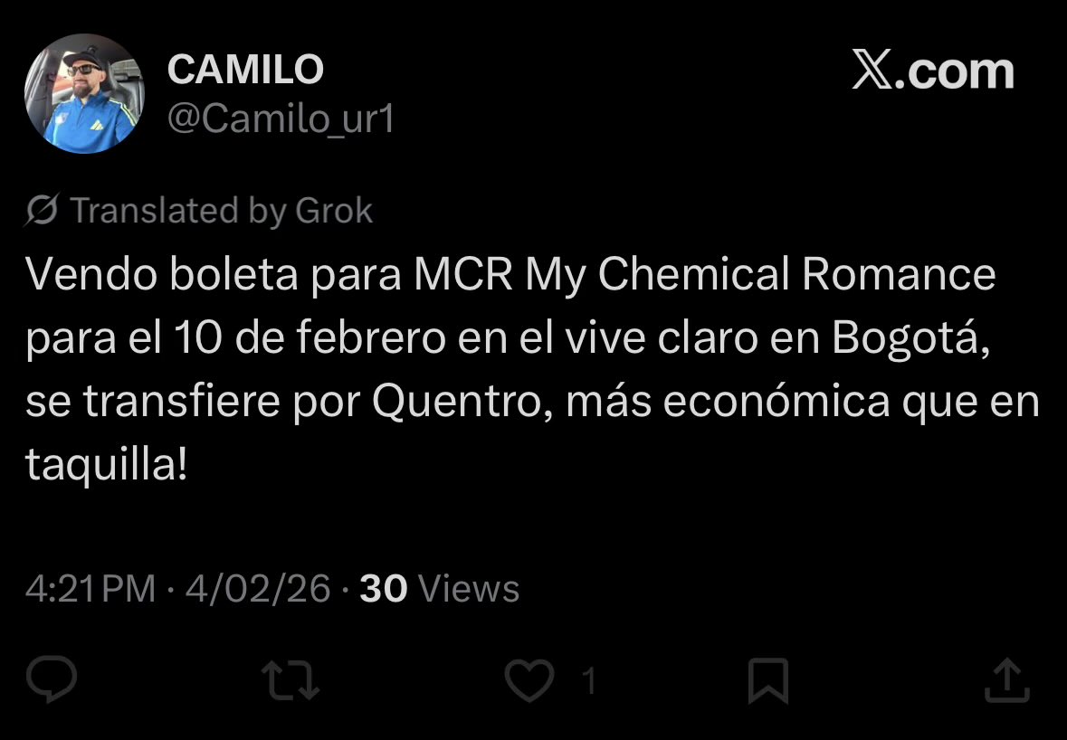 Comenzamos ahora con MCR . Si buscan boletas para My Chemical Romance en Bogotá NO le den plata a este.

#MyChemicalRomance #MCR