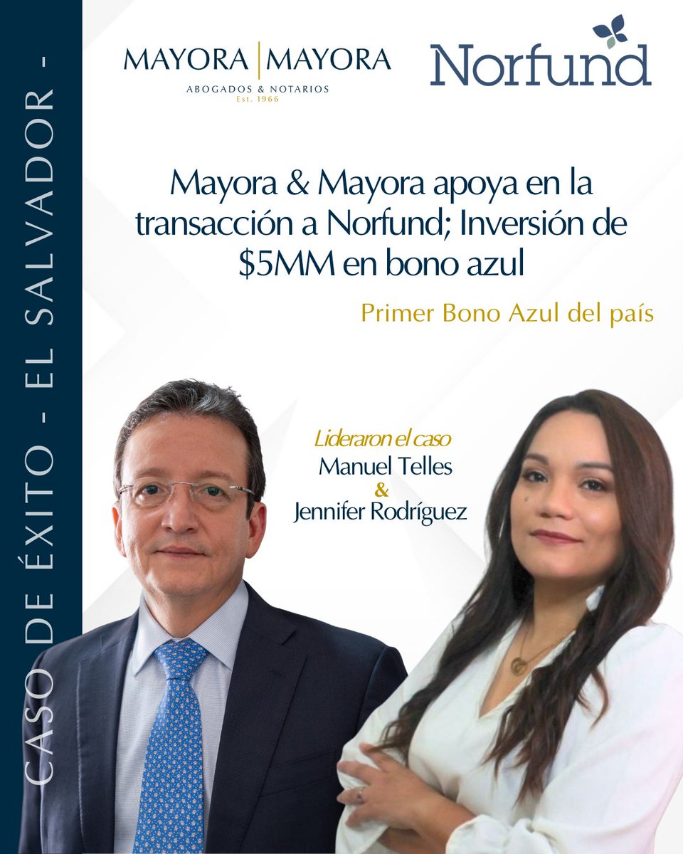 MayoraMayoraSC's tweet photo. Nos enorgullece haber asesorado a Norfund en una transacción histórica de finanzas sostenibles: su inversión de USD 5 millones en los primeros Bonos Azules emitidos en #ElSalvador, organizados por IDB Invest y emitidos por Banco Agrícola
#BonosAzules #ESG #MayoraMayora https://t.co/GWt8GhiN8X