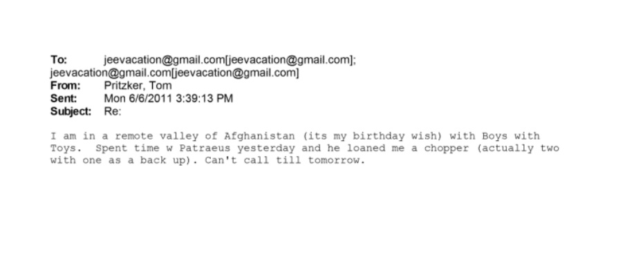 OpDeathEaters's tweet image. US billionaire Tom Pritzker wrote Epstein that he was "in a remote valley of Afghanistan" with "toys and boys" for his birthday. He reported that General Petraeus helped him, provided two helicopters and a US military escort. #OpDeathEaters #EpsteinFiles #EpsteinCoverUP
