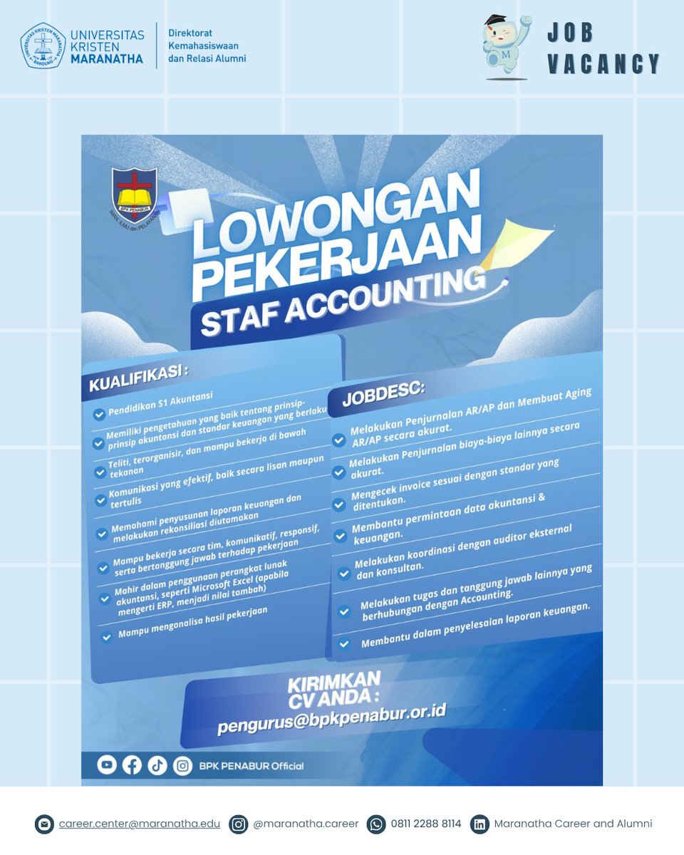 [JOB VACANCY – BPK Penabur]

Staff Accounting
Staff Investasi

Send your CV to
Staff Accounting: pengurus@bpkpenabur.or.id
Staff Investasi: dapenbpkpenabur@gmail.com

Untuk informasi lowongan kerja, follow sosial media kami
<a href="/maranatha/">Maranatha Volunteers International</a>.career
#bravoalumnimaranatha #alumnimaranatha