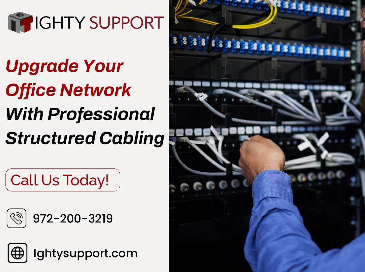ightysupport's tweet photo. Planning an office upgrade in Dallas? A clean, reliable structured cabling system can improve internet speed, support new devices, and reduce downtime.

Our certified low-voltage technicians design and install CAT6, CAT6A, and fiber-optic cabling built for long-term performance. https://t.co/tuYwhkGJMt