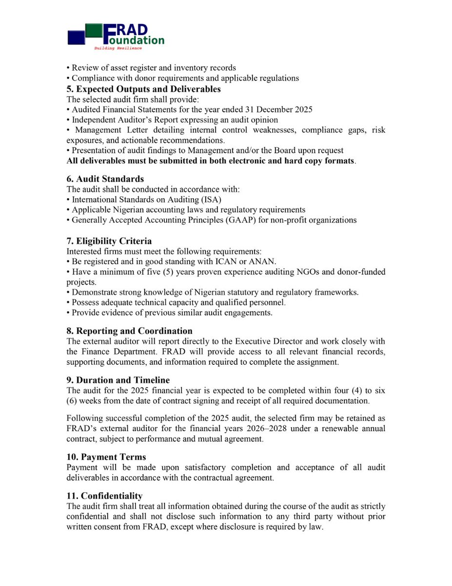 FutureResilien1's tweet photo. CALL FOR APPLICATION – EXTERNAL AUDIT SERVICES
FRAD Foundation is inviting qualified and experienced audit firms to apply for the provision of External Audit Services.

Join us in strengthening systems that build trust, resilience, and impact.
#FRADFoundation #CallForApplication https://t.co/ge27WknJlX