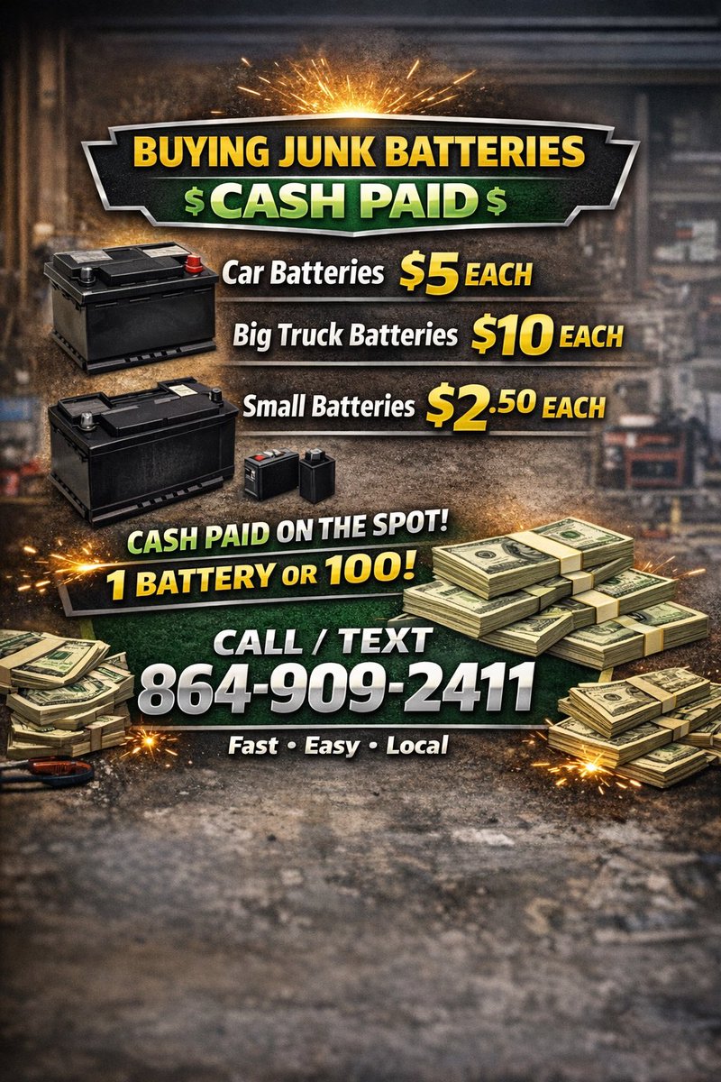 🔋 Buying Junk Batteries — CASH PAID 💵

Car $5 • Big Truck $10 • Small $2.50
1 battery or 100 — paid on the spot

📞 864-909-2411 or DM

Fast • Easy • Local #Scrap #Batteries #CashPaid #Recycle #Local