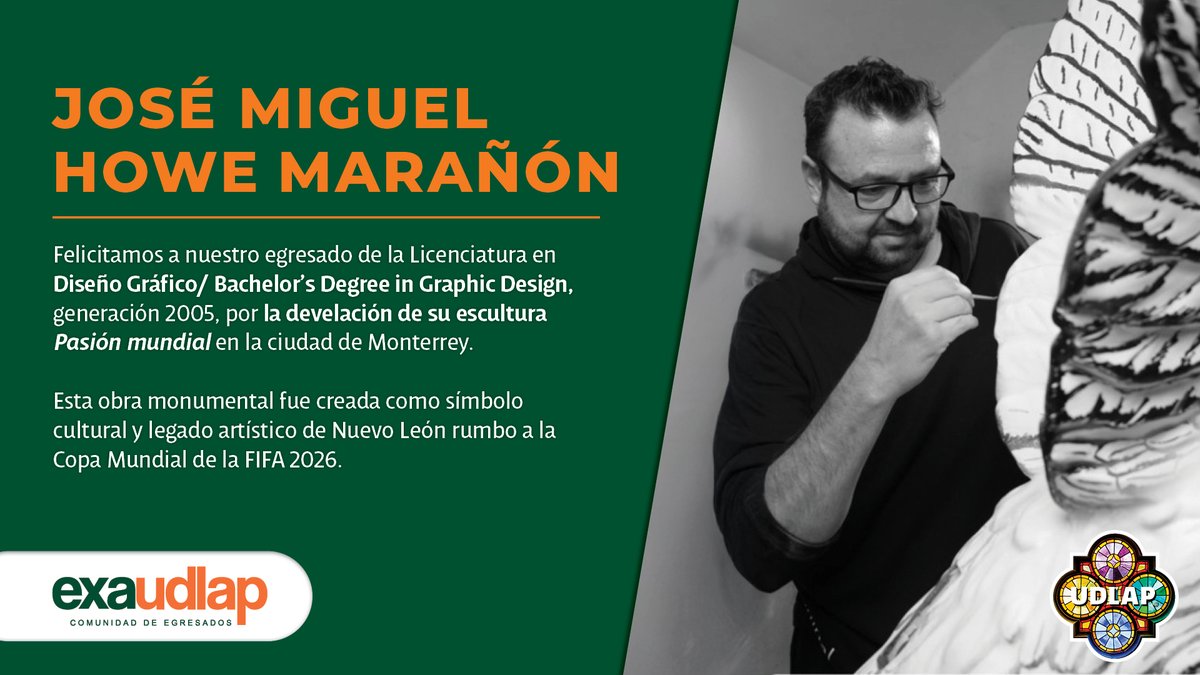 Cuando un egresado #UDLAP lleva su visión al espacio público, el impacto se multiplica.

José Miguel Howe Marañón develó su escultura en Monterrey, sumándose al diálogo cultural rumbo a la Copa Mundial de la FIFA 2026.

Talento UDLAP que trasciende y deja huella. 🧡💚