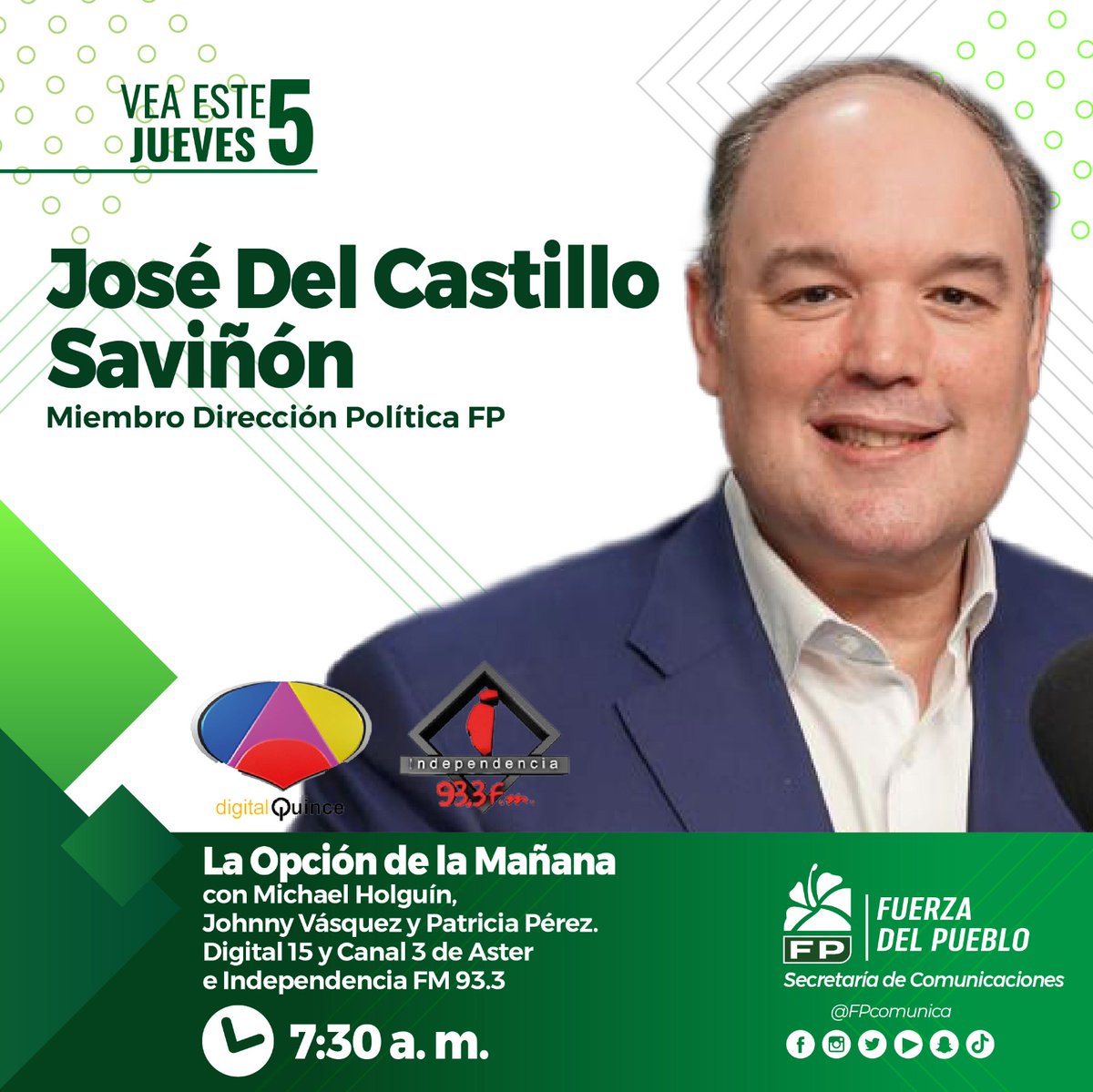 🎥 🎙️|Entrevistas de este jueves 5 de febrero a José Del Castillo Saviñon, miembro Dirección Política FP

Hora⏰: 7:30 a.m.

Programa: La Opción de la Mañana

Canales: Digital 15, 3 de Aster

Emisora: Independiente 93.3 FM

#FPComunica
#FuerzaDelPueblo