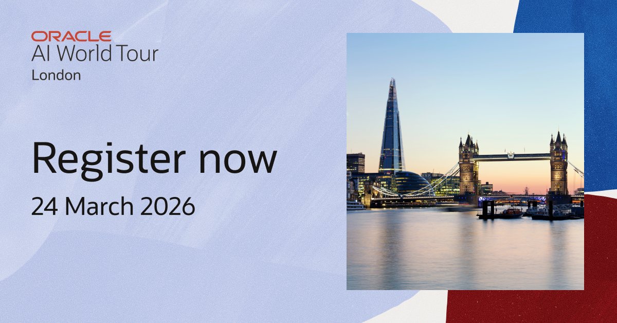 Join <a href="/Oracle/">Oracle</a> at #AIWorld Tour London—where AI innovation takes center stage. Connect with industry leaders, explore groundbreaking technologies, and discover how AI can transform your organization: social.ora.cl/6011hy2w3