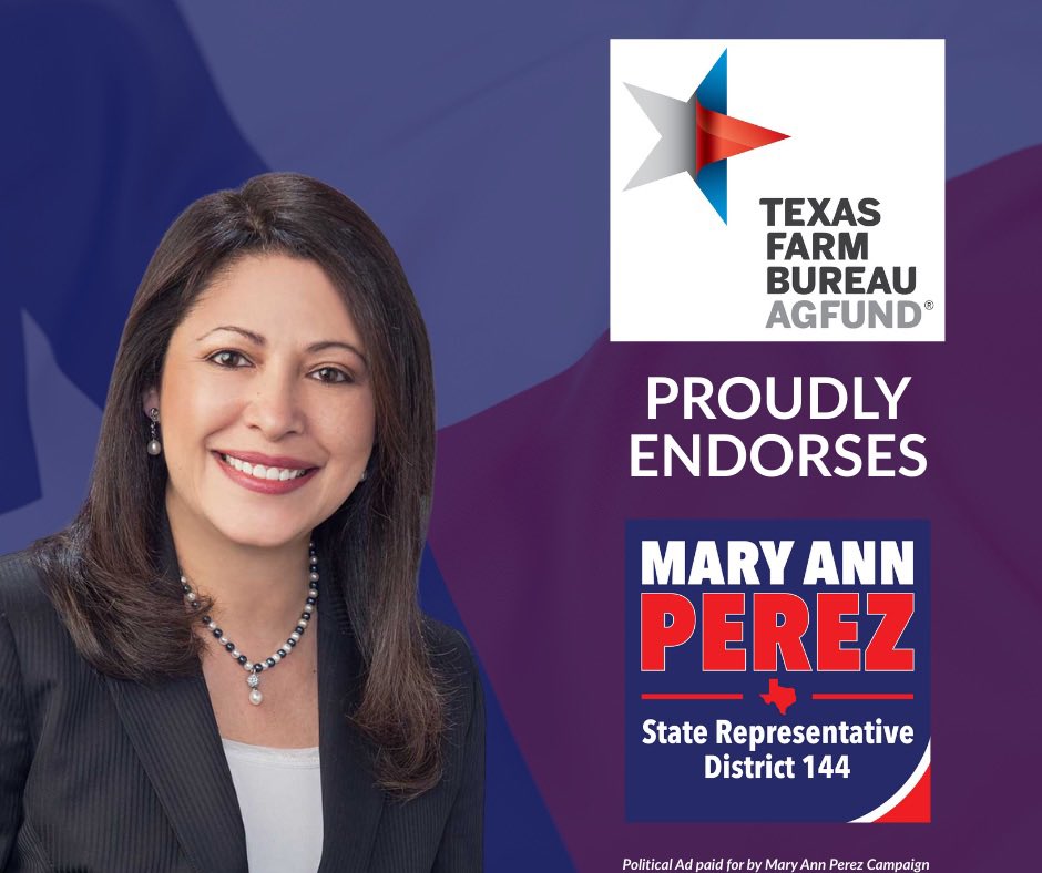 repmaryann's tweet photo. Proud to be endorsed by Texas Farm Bureau AGFUND! Thank you, @TexasFarmBureau, for your support and for your continued advocacy for Texas agriculture, rural communities, and hardworking families. #txlege #HD144 https://t.co/uXGltmJkCJ