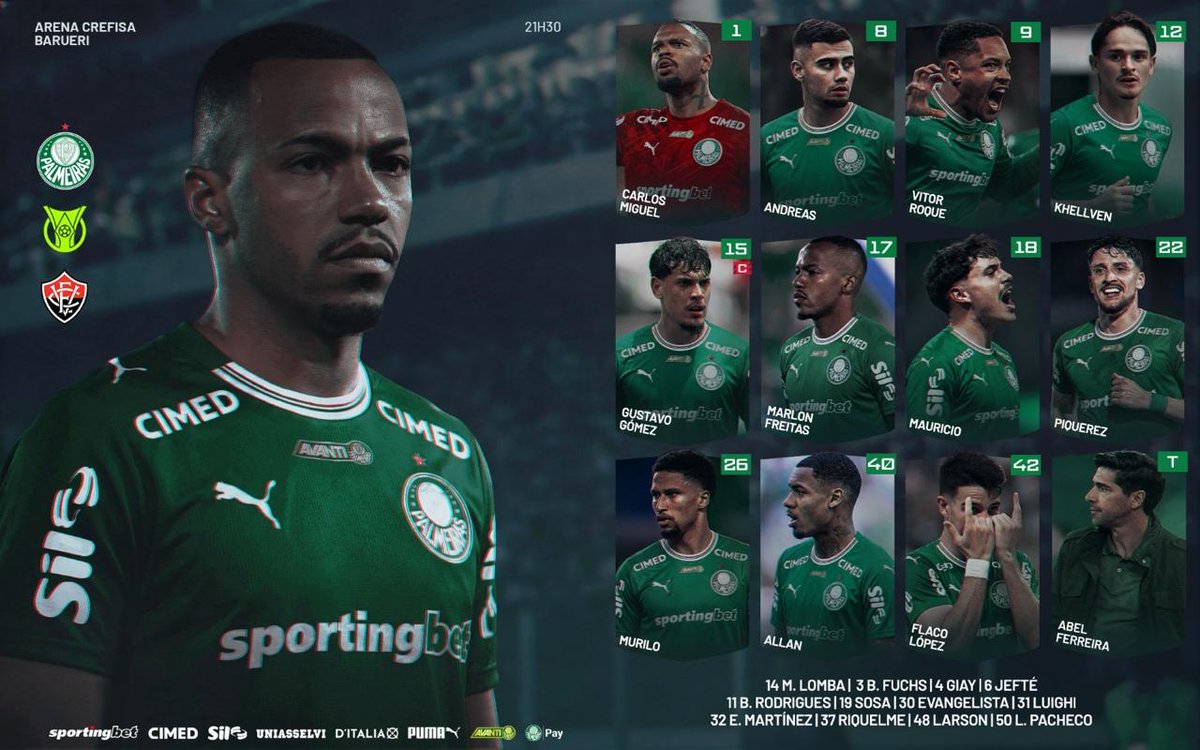 Palmeiras escalado para enfrentar o Vitória com Flaco López e Vitor Roque titulares