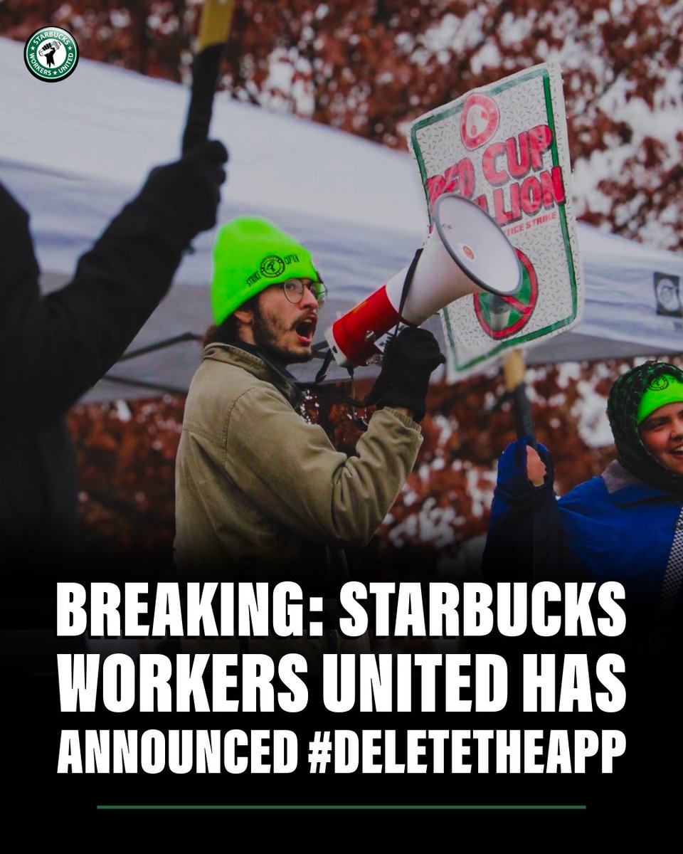 SEIU's tweet image. 🚨BREAKING: Starbucks Workers United has announced #DeleteTheApp 📱

Allies and customers: take this fight to the next level and show Starbucks you stand with working people who dare to demand better. It's time to delete the Starbucks app in solidarity with baristas.…