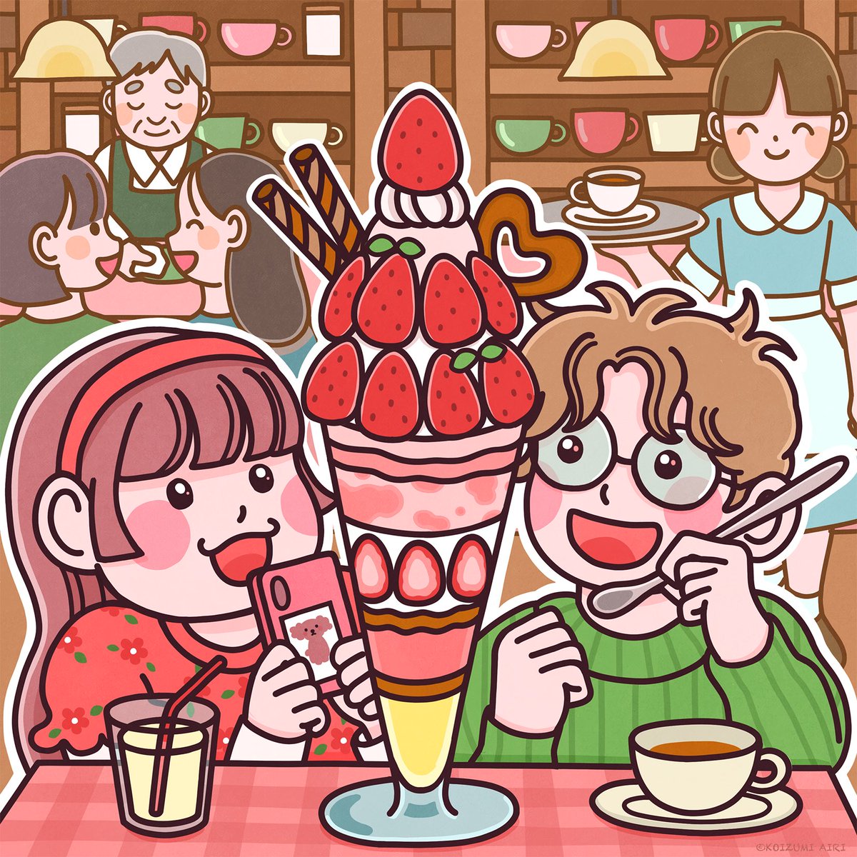 BIGサイズのいちごパフェにワクワク！🍓
#イラスト #イラストレーション #イラストレーター #illustration #illustrator