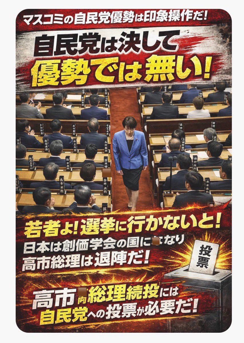 Sin_nippon's tweet photo. 今や、全マスコミ、全野党が敵に回っています。すべての自民党優勢報道はフェイントであり、現場の自民党候補者たちは劣勢を感じています。

現役世代の皆さん、少し早めに帰って、期日前投票に行きましょう。20:00まで可能です。

まずは高市内閣を維持しないと！野田・斉藤内閣になります。国民民主や他の野党が活きるのは、高市内閣がある場合の話です。

中道だけはやめよう！動かして❗️現役世代❗️週末には大寒波。東京も❗️