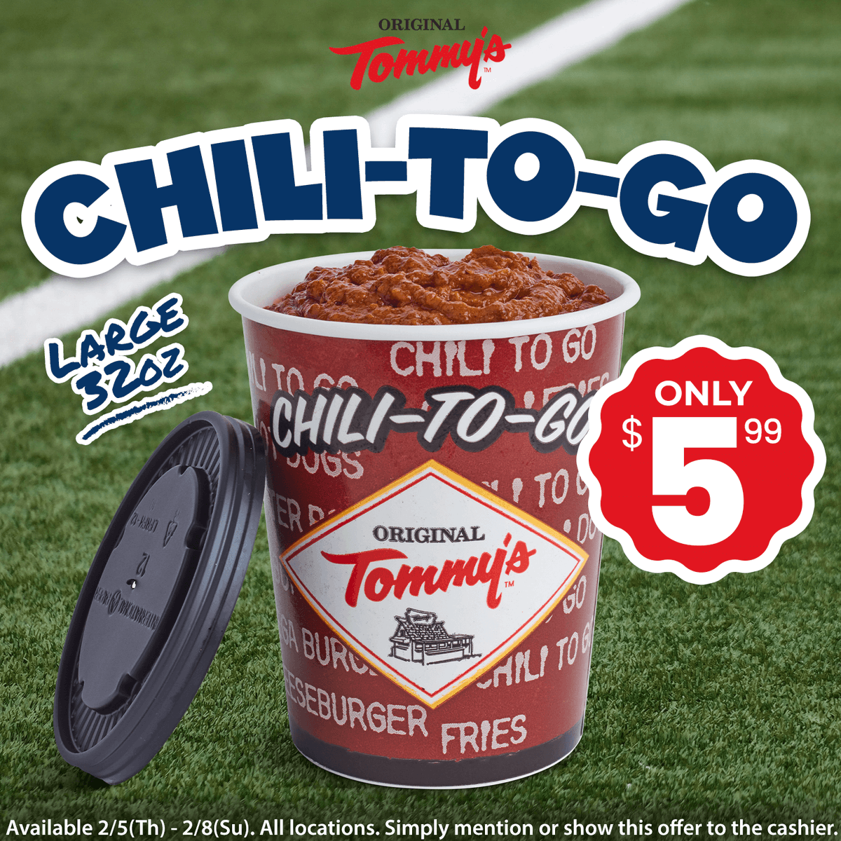 OriginalTommys's tweet image. 🔥🏈 Kickoff is close. Bring home our World-Famous 32oz Chili-To-Go for $5.99 and finish your game day lineup strong. Freeze extras and stay ready. Available 2/5–2/8. No limits. Show or mention the offer at checkout. 🌶🍟
#originaltommys #GameDayReady #SoCalEats