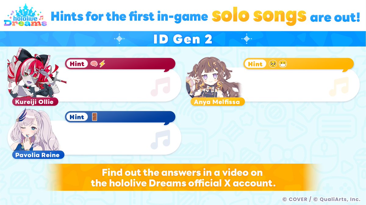 ◤ Solo Song Hints 🎶 ◢

Here’s a hint for the solo songs coming this Saturday!
This time, ID Gen 2 members are featured🧟‍♀️🍂🦚

Stay tuned to find out what songs are coming👀

#holodori
#hololiveDreams