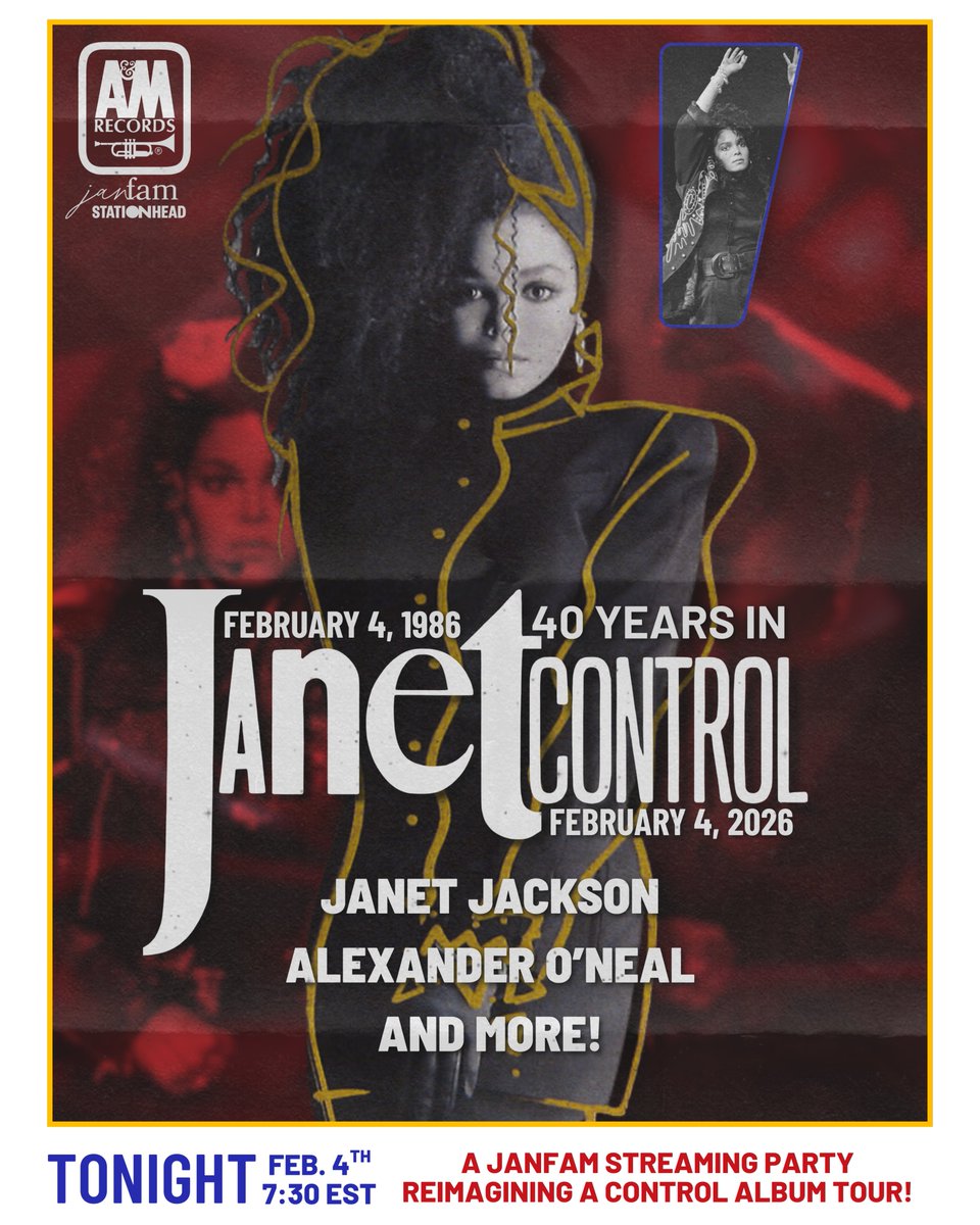 | #Janet40YearsInCONTROL 🔑| 40 years ago, 𝐉𝐀𝐍𝐄𝐓 𝐉𝐀𝐂𝐊𝐒𝐎𝐍 decided to do things her way. Come celebrate the Control album's 40th anniversary with us as we stream the album together! 
🎶TONIGHT | 7:30pm EST | stationhead.com/c/janfam