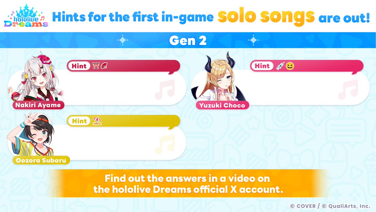 ◤ Solo Song Hints 🎶 ◢

Here’s a hint for the solo songs coming this Sunday!
This time, Gen 2 members are featured😈💋🚑

Stay tuned to find out what songs are coming👀

#holodori
#hololiveDreams