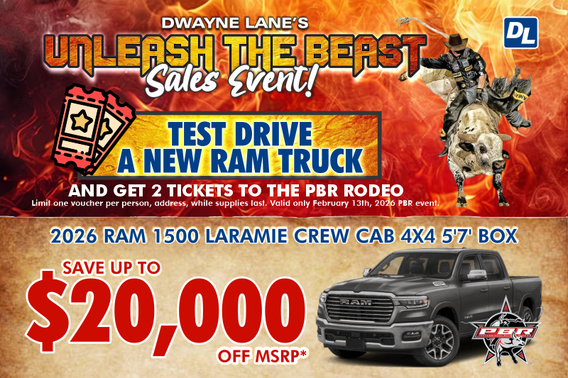 DwayneLanesAuto's tweet photo. Big power. Bigger savings.

🔥 Up to $20,000 off MSRP on this Ram truck.

https://t.co/t7wjD2CxkG

🎟️ BONUS:
Test drive a new Ram truck and get TWO PBR Rodeo tickets.

Valid for Feb. 13th only

Come in. Test drive. Ride the rodeo. https://t.co/o5T7n4j6tP