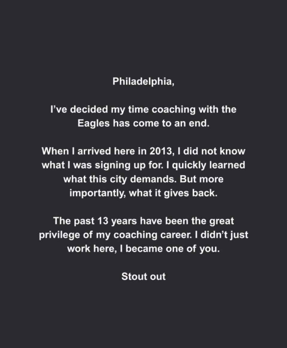 NFL_DovKleiman's tweet image. 𝗕𝗿𝗲𝗮𝗸𝗶𝗻𝗴: Eagles OL coach Jeff Stoutland is leaving the team after 13 years with the organization.

One of the best OL coaches of all time.

A tremendous loss for Philly.