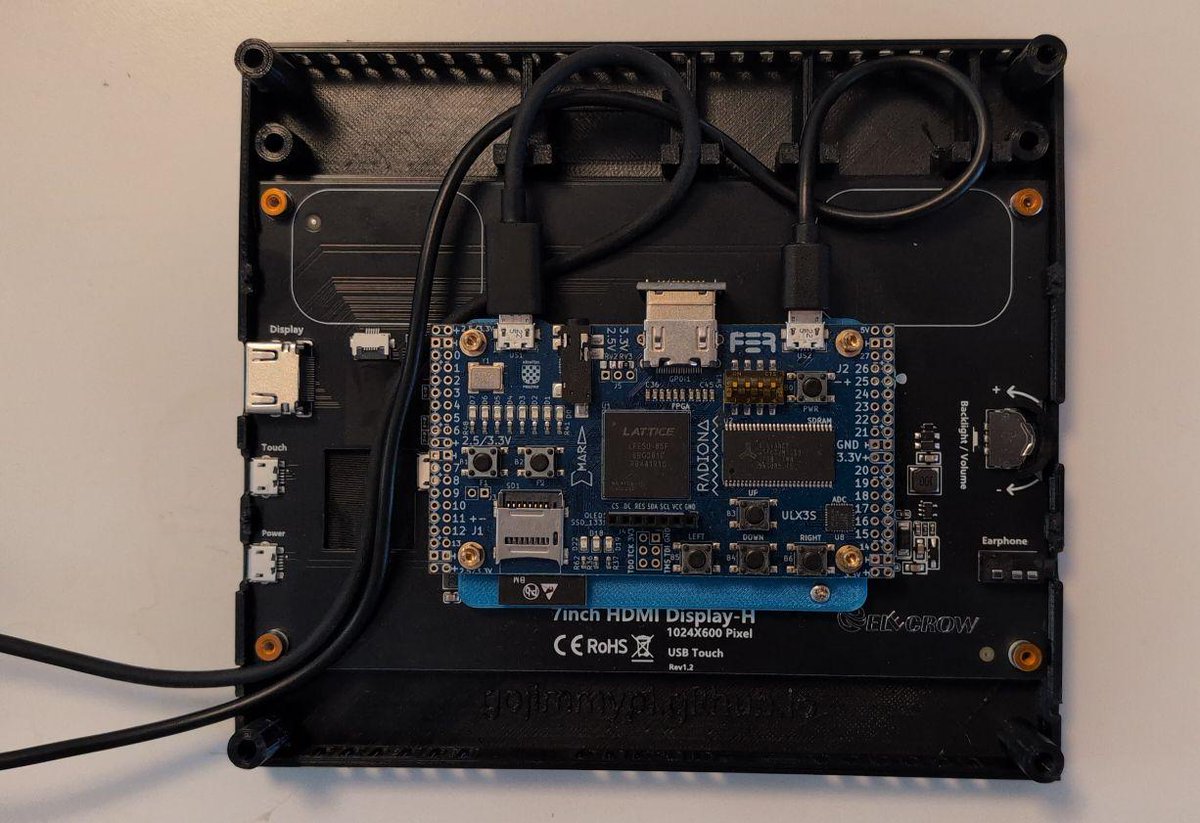 Working more on my ULX3S FPGA + ESP32 enclosure for the Elecrow 7 inch HDMI display. Internal USB wire routing and strain relief. Improved external hole alignment. A few remaining anomalies, but looking good!