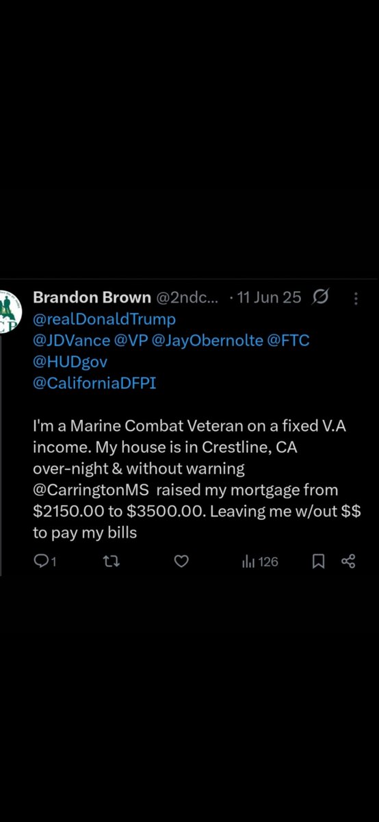 2ndchancebegin's tweet photo. @HUDgov @CaliforniaDFPI @JayObernolte 

@CarringtonMS never refunded the extra $$ they took when the illegally raised my mortgage last year. @CarMax raised my car payment  because I have been a payment behind since that day. I only get 4200 a mnth from the VA https://t.co/hYt4xvGAI1