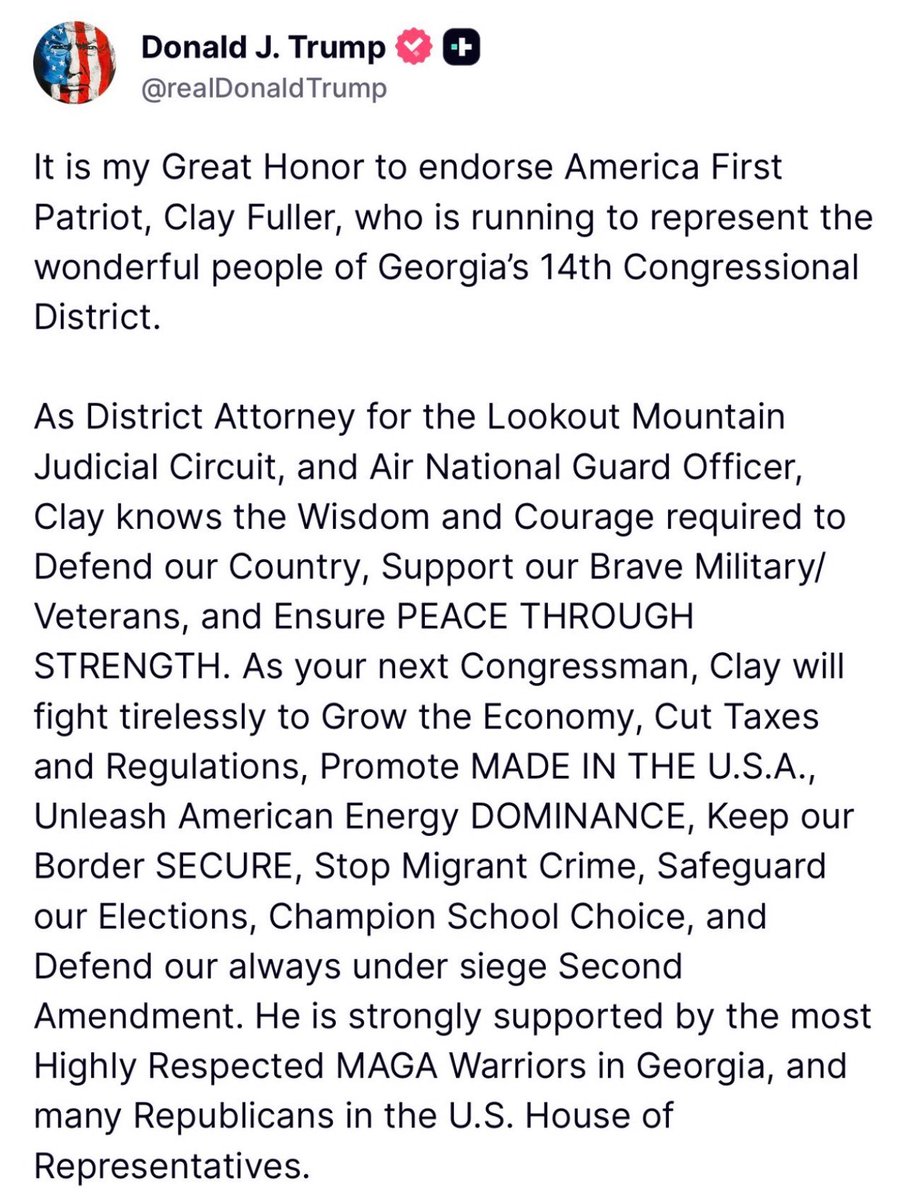 Congratulations to <a href="/Clay4MainStreet/">Clay Fuller</a> for getting the <a href="/realDonaldTrump/">Donald J. Trump</a> endorsement! 🇺🇸

Let’s win!