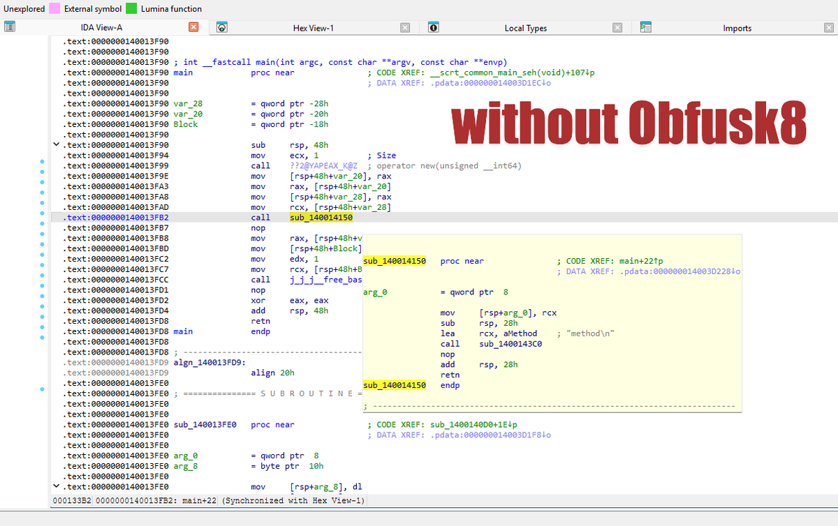 x86byte's tweet photo. Obfusk8 (https://t.co/tbiV1fZrea) now supports method-based obfuscation, simply wrap class functions with the OBF_METHOD macro for targeted protection.

#obfuscation #compilers #msvc #reverseengineering #reverse_engineering #MalwareDev #softwareProtection https://t.co/6RFiBytrk5