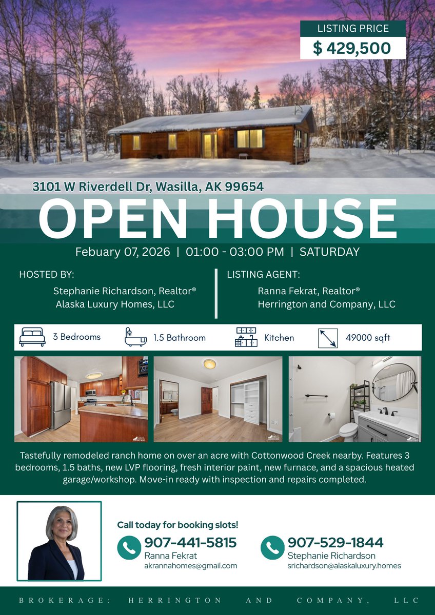 🏡 Open House | Sat 02/07 | 1–3 PM
3101 W. Riverdell Rd, Wasilla

Remodeled ranch on over an acre 🌿
3 bed | 1.5 bath | New floors &amp; paint
Heated garage/workshop. Move-in ready!