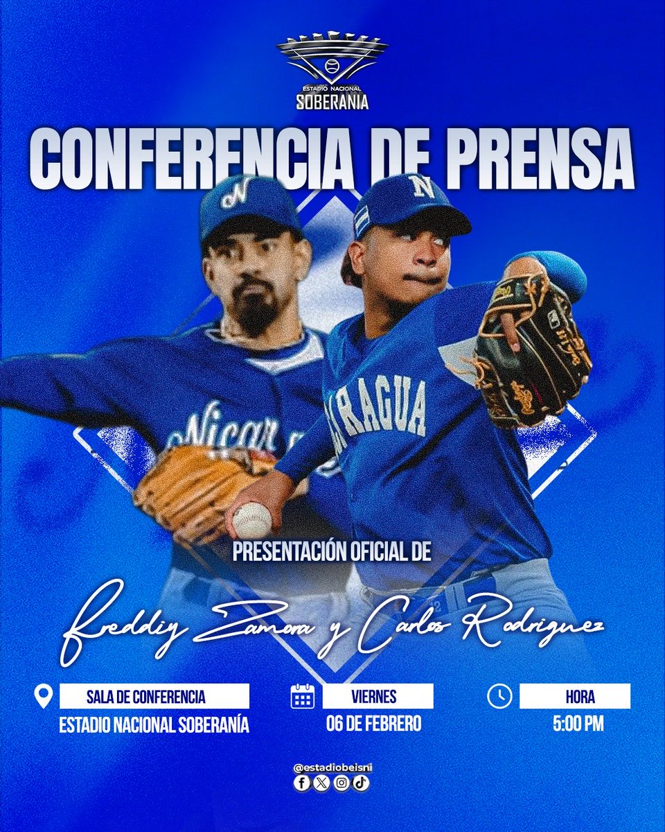 Conferencia de prensa 📝
Presentación oficial de Freddy Zamora y Carlos Rodríguez ⚾️ para la <a href="/selebeisbolnic/">Selección de Nicaragua</a> 🇳🇮 
🗓️ Viernes 6 de febrero 
⏰ 5:00 PM
📌#EstadioNacionalSoberanía🏟️
