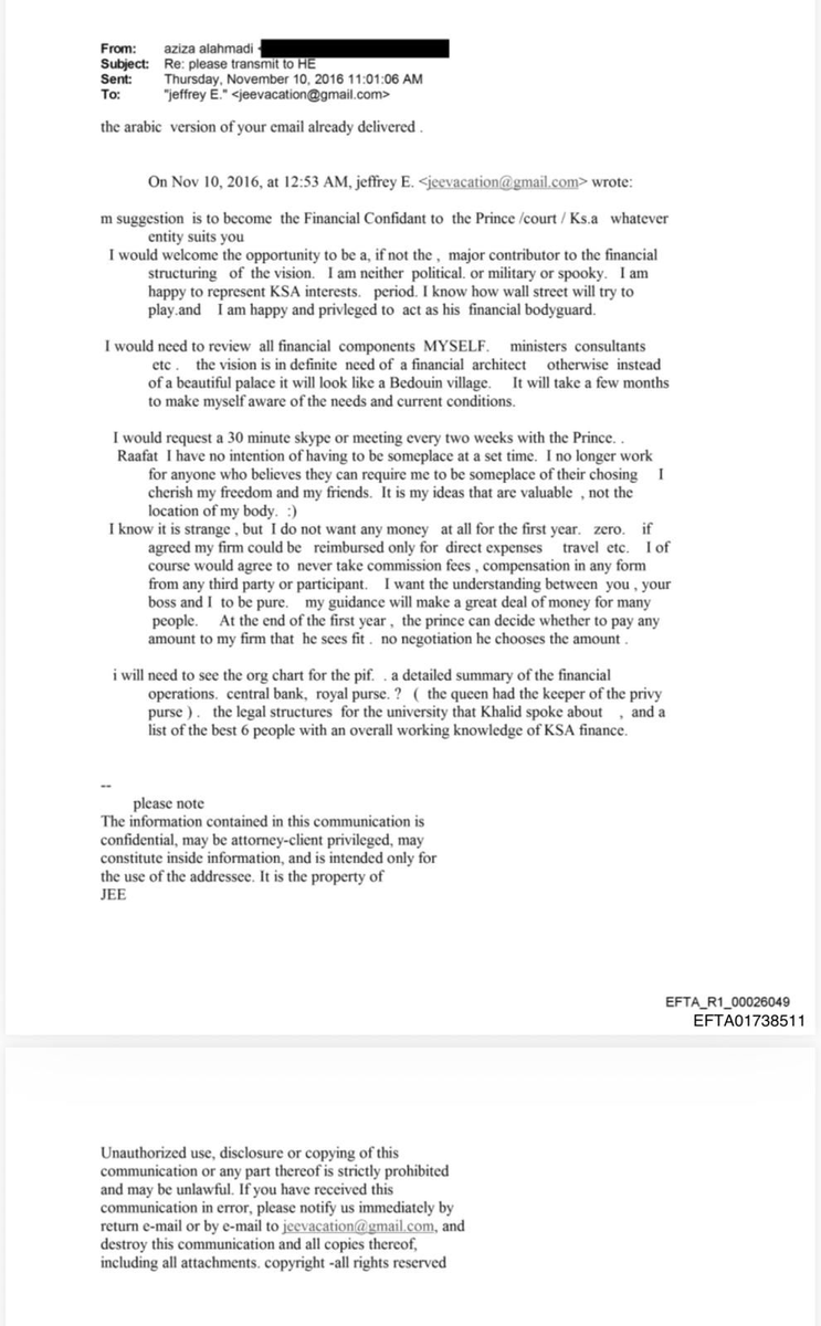 🔴 In late 2016, convicted sex offender Jeffrey Epstein pitched himself as a behind-the-scenes financial fixer to Saudi leadership, in a message that was meant for Crown Prince Mohammed bin Salman, the architect of Vision 2030. (The email refers to “the Prince” but not MBS by