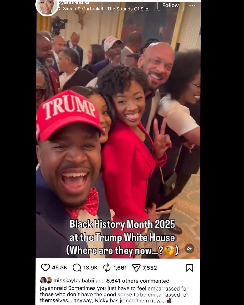 JOY REID SAID SHE’S EMBARRASSED FOR ME

Joy Reid posted my video from the 2025 Black History Month event at the White House and wrote that she feels embarrassed for people like me.

Then she added, “Where are they now…”

I’ll tell you where I am, Joy.

I’m right here.

Still