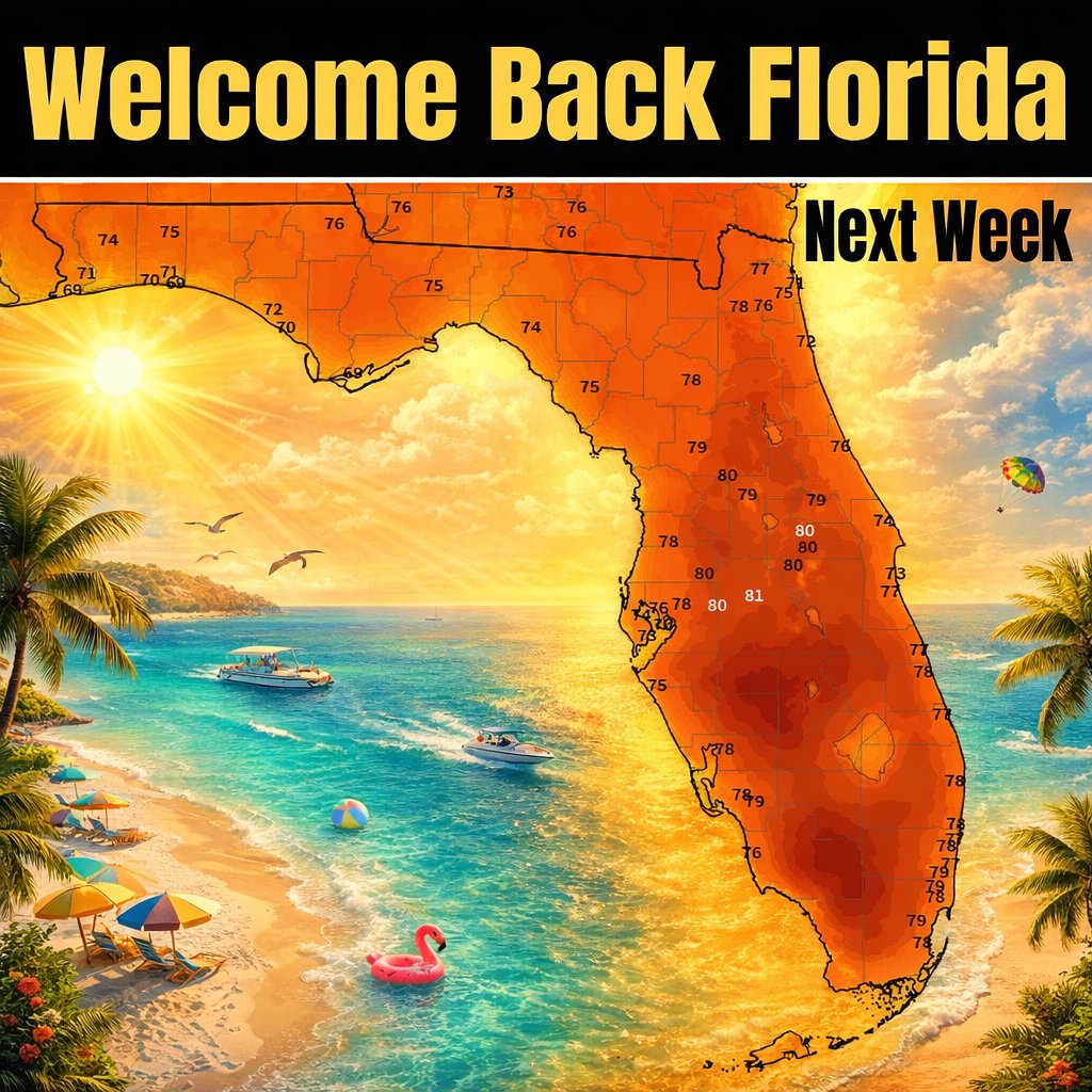 tropicalupdate's tweet image. Welcome back Florida. Next week temps climb back into the 70s and even the 80s for some. I know I am ready!