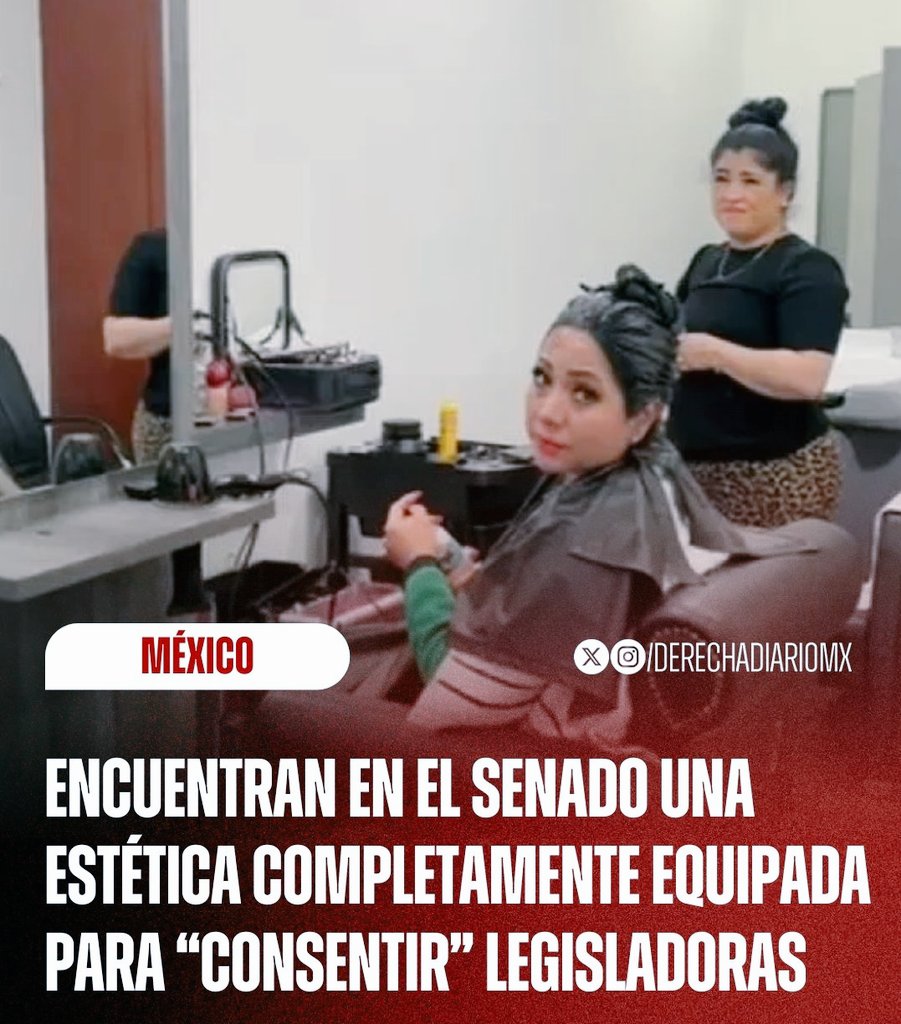 LA POLÍTICA MEXICANA ES UNA BURLA.

 Desde hace al menos un año opera una estética completamente equipada en el segundo piso del Senado, que ofrece cortes de cabello, tintes y manicura: La senadora del inútil Partido Verde, Juanita Guerra, fue vista haciendo uso del salón, del