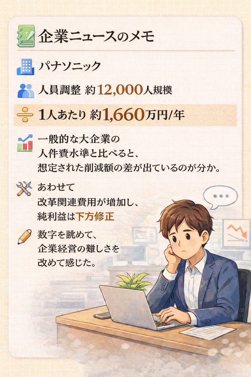 KRSARS__'s tweet photo. 🌱 ちょっと気になった企業ニュース 🌱

📌 パナソニック約 12,000人規模の人員削減💰 人件費削減効果は 約200億円

➗ 単純計算で
1人あたり 約1,660万円／年

🤔 日本の大企業の平均的な人件費を考えると、
本来は 1,200〜1,400億円規模の削減になるかも

実際は、
🛠 改革費用が想定以上に増えて
📉 純利益は200億円下方修正

企業経営はなかなか難しいですね🤔
出典：
・Yahoo!ファイナンス「パナソニックHD、純利益を下方修正＝早期退職1万2000人に拡大」  https://t.co/LZUBds9Y6a
・Reuters「Panasonic to cut 10,000 jobs, expects restructuring costs of ¥130B」  https://t.co/PY254rZOQv