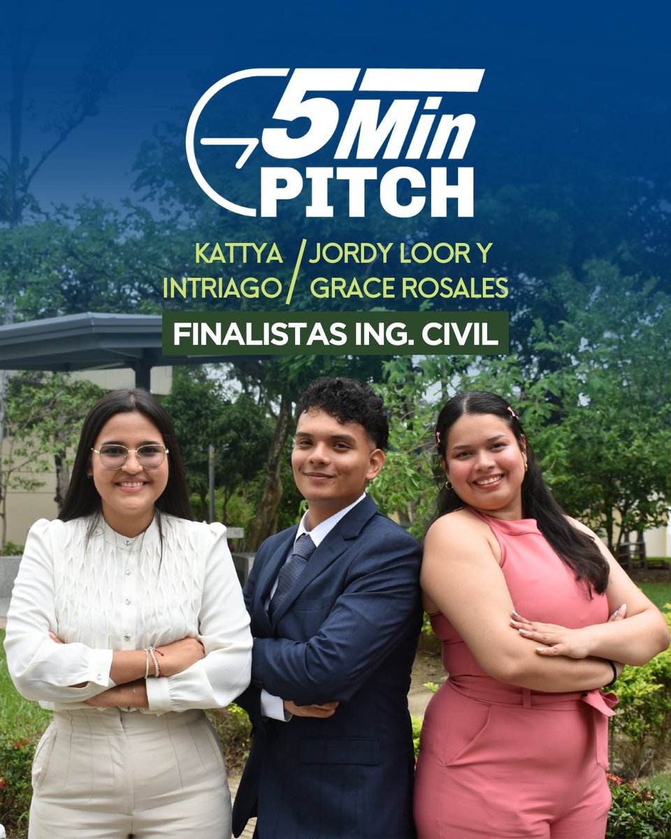🎉 ¡Finalistas del #5MinPitch FICT Ing. Civil! 🎉

-Kattya Intriago Mejía
-Jordy Loor Franco y Grace Rosales Torres

👏 Felicitamos a nuestros finalistas por su excelente desempeño.

📅 Vive la emoción de la Final del 5MinPitch el jueves 12 de febrero, 09h00 – 10h30, en el STEM.