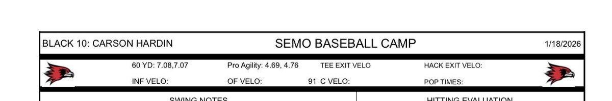 Carsonhardin28's tweet photo. Thank you @SEMObaseball for another successful camp and evaluation. 
Here are my stats and a video. @CoachHag https://t.co/Q4d7TNuym6