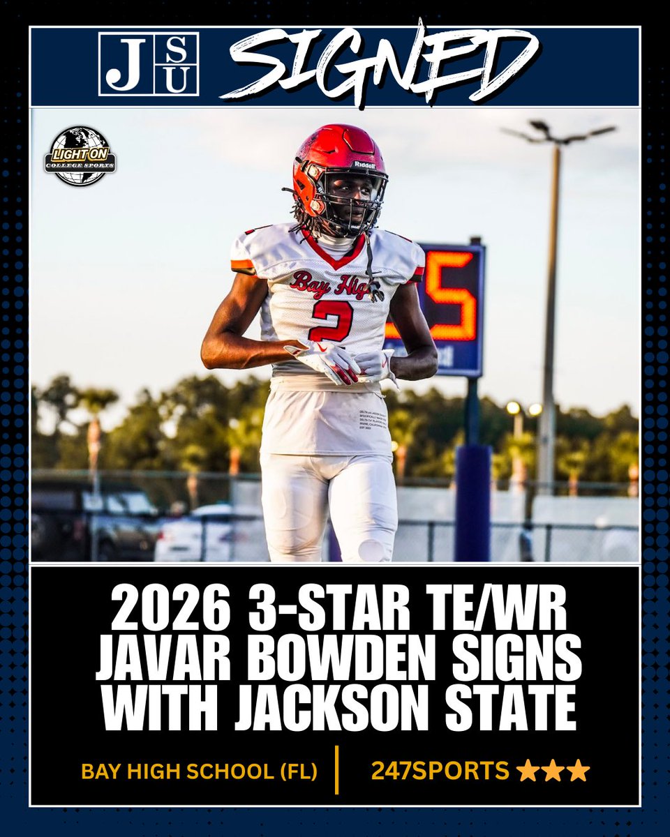 2026 3-Star TE/WR Javar Bowden has signed with Jackson State. 🐅

The 6’7” Bay High School (FL) product held offers from Miami, Georgia, Texas A&amp;M, Florida, and more.

He’s ranked the No. 93 overall recruit in the state of Florida, according to 247Sports Composite.

(via