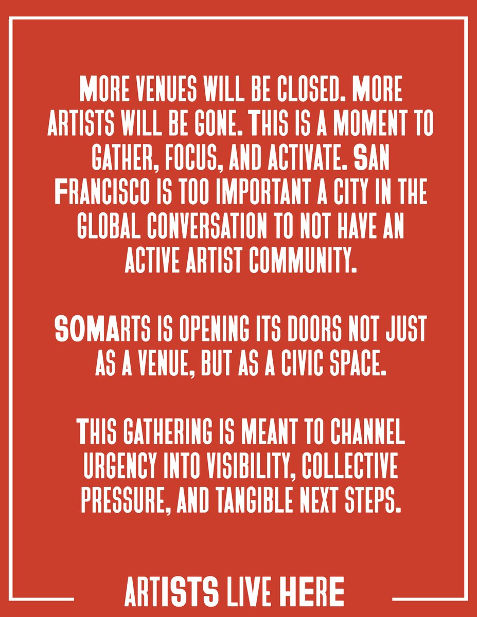 somarts's tweet photo. Artists Live Here: Community Convening @ SOMArts
Fri., Feb. 13, 4–8 PM 
Join artists, organizers, funders, and community members in an urgent conversation about the future of arts in San Francisco 

RSVP: https://t.co/6pZYAUZq8T https://t.co/RLrr2uyTIk