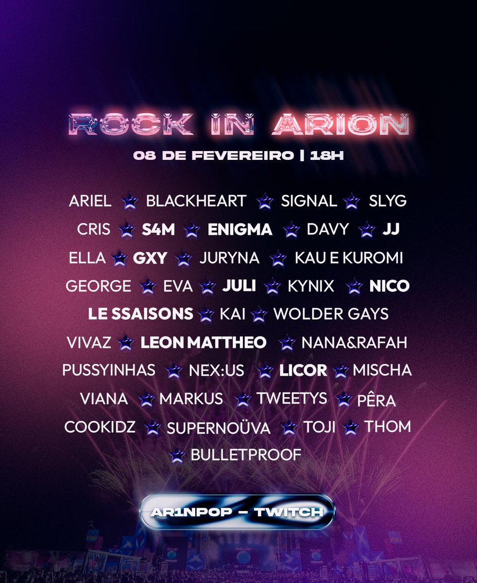 ⠀ ⠀ ⠀ 🔹 ÁRION ENTERTAINMENT

⠀ ⠀ ⠀  ⠀       THE FIRST FESTIVAL
⠀ ⠀ ⠀               [ROCK IN ÁRION]
⠀ ⠀ ⠀         08 DE FEVEREIRO | 18H

⠀   #ROCKINARION #WORLDFESTIVAL
#THEFIRSTFESTIVAL #CUNET #ARIONENT