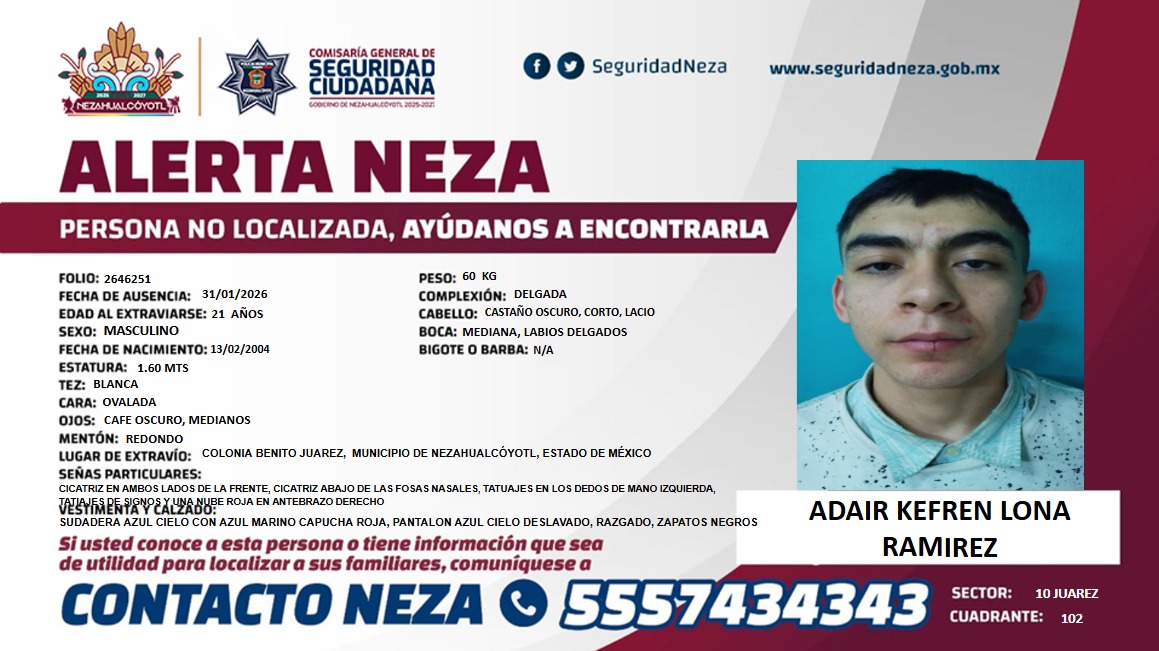 AlertaNeza's tweet image. 🆘 #AlertaNeza | Solicitamos tu apoyo para localizar a #Adair Kefren Lona Ramírez. 

Comparte esta información, tu ayuda es muy importante.

Cualquier dato que contribuya a su localización, comunícate al 📞 55 57 43 43 43.