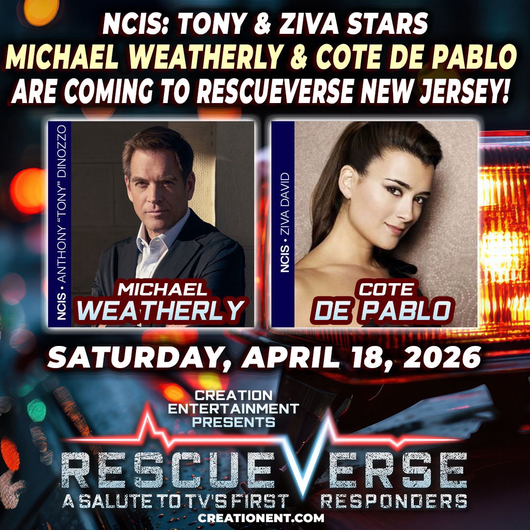CreationEnt's tweet image. RescueVerse New Jersey: Salute to TV’s First Responders is coming April 18-19 at the Hanover Marriott Hotel -- and we have two fan favorites from NCIS! 

Michael Weatherly ("Anthony 'Tony' DiNozzo") and Cote de Pablo ("Ziva David"), two of the most iconic characters in NCIS…