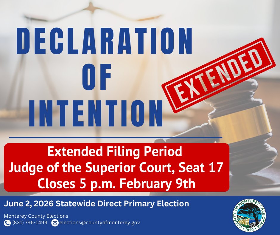 The filing period for Judge of the Superior Court, Seat 17 has been extended. Eligible candidates must file a Declaration of Intention and pay fees by 5 p.m., Feb 9 at the Monterey County Elections Office.
More info: tinyurl.com/nhdb6y9d