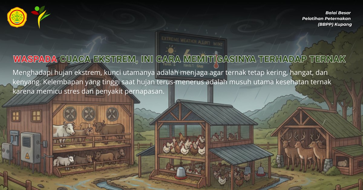 Menghadapai cuaca Ekstrem, terutama hujan badai agar ternak tetap aman, langkah-langkah mitigasi yang bisa kita lakukan diantaranya Penguatan Infrastruktur Kandang, Manajemen Alas Kandang (Lantai), Nutrisi dan Suplemen Tambahan serta Antisipasi Penyakit (Biosekuriti). #bbppkupang