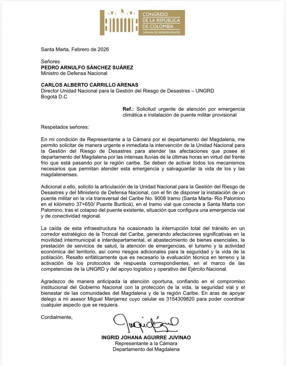 ingridaguirre11's tweet photo. 🚨 ATENCIÓN MAGDALENENSES 🚨

En mi calidad de Representante a la @CamaraColombia, agradezco la  inmediata gestión y respuesta del Dr. @CarlosCarrilloA Director de la @UNGRD y su Asesor para la Costa Caribe Dr Genaro Celis; por su compromiso con el departamento del Magdalena.

Quien me informa mediante llamada telefónica y en respuesta a la solicitud radicada el día de hoy a las 9:21am; su decisión y compromiso, para que en los próximos días ingenieros militares realicen evaluación en terreno para la instalación de un puente modular semipermanente de 60 metros aproximadamente; en la vía Transversal del Caribe No. 9008, tramo Santa Marta – Río Palomino, en el kilómetro 37+650 (Puente Mendihuaca )
